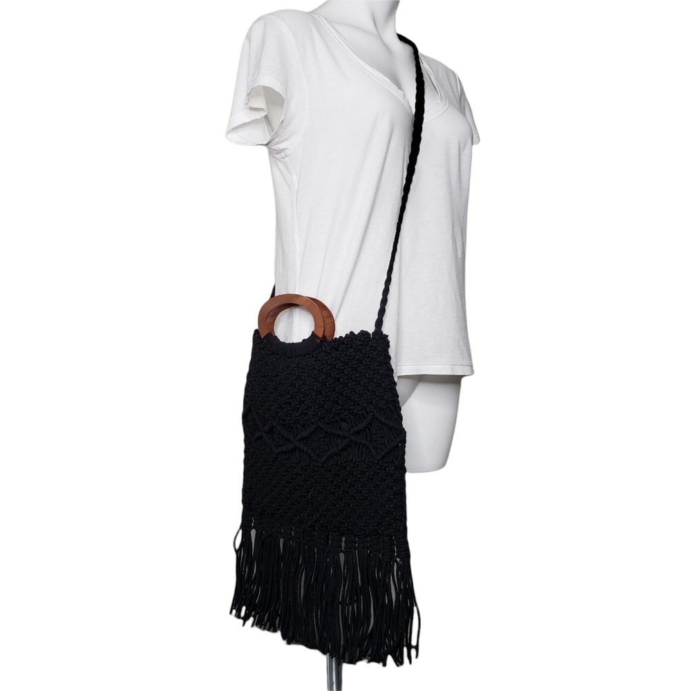 Danielle Nicole | Black Macrame Fabric Fringe Cro… - image 3